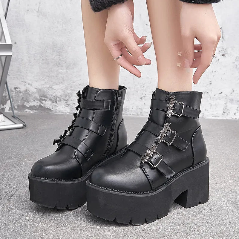 Black women's Harajuku punk style Martin boots with bat buckle detailing and side zipper