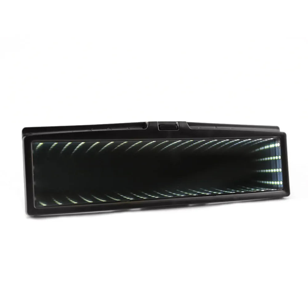 Square blue plastic car rearview mirror with a wide flat glass and integrated LED lighting strips on the housing.