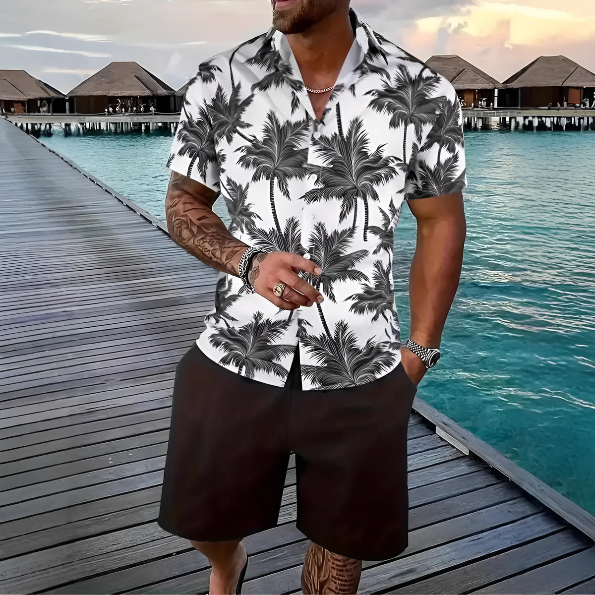 Man wearing a Hawaii-themed 3D printed short sleeve top and matching shorts leisure set.