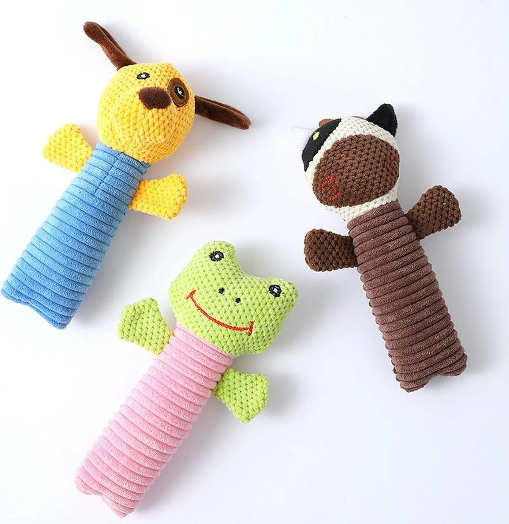 Soft stuffed dog squeaky chew toy in animal shape with teeth cleaning function