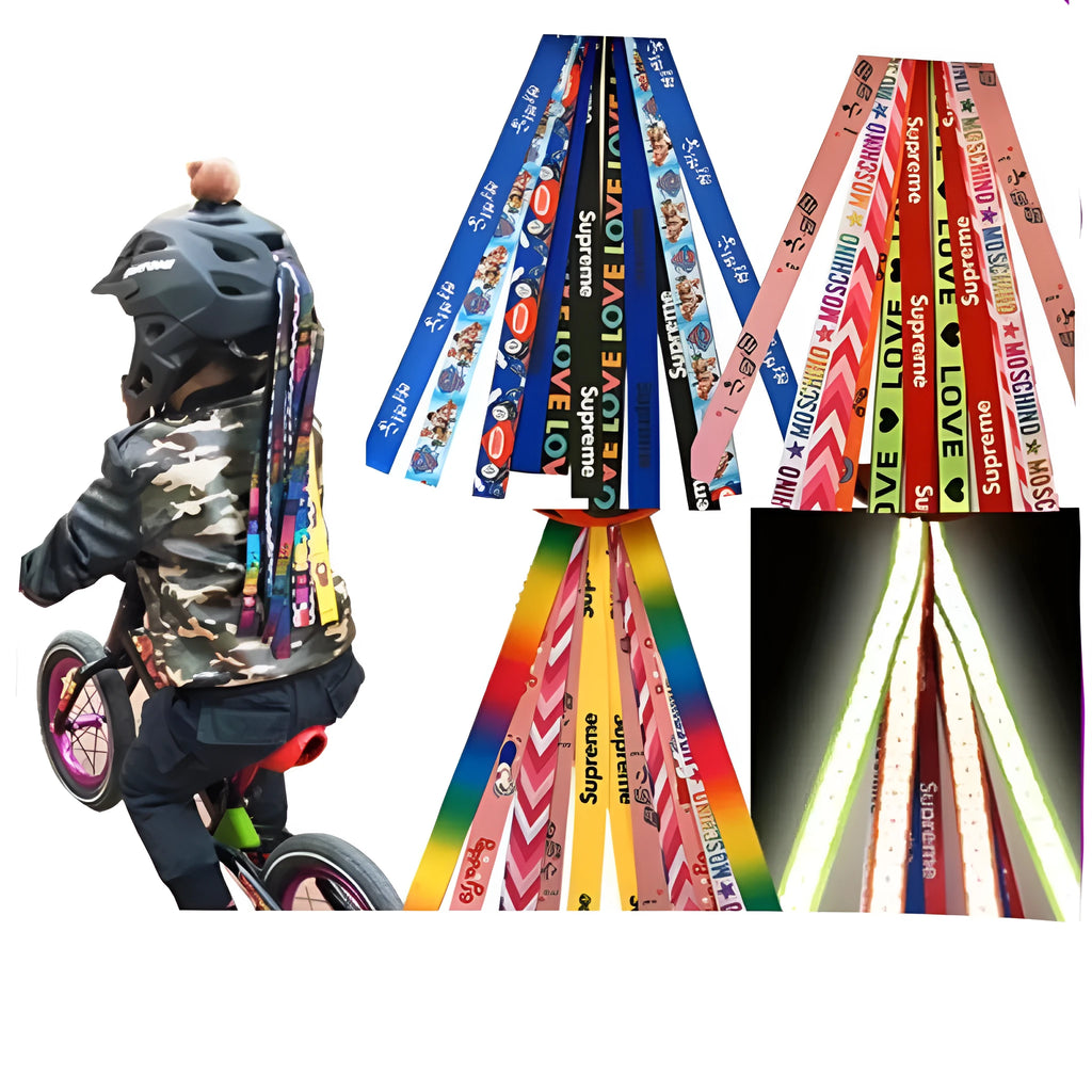 Colourful decorative ribbon streamer for attaching to a child's sports helmet.