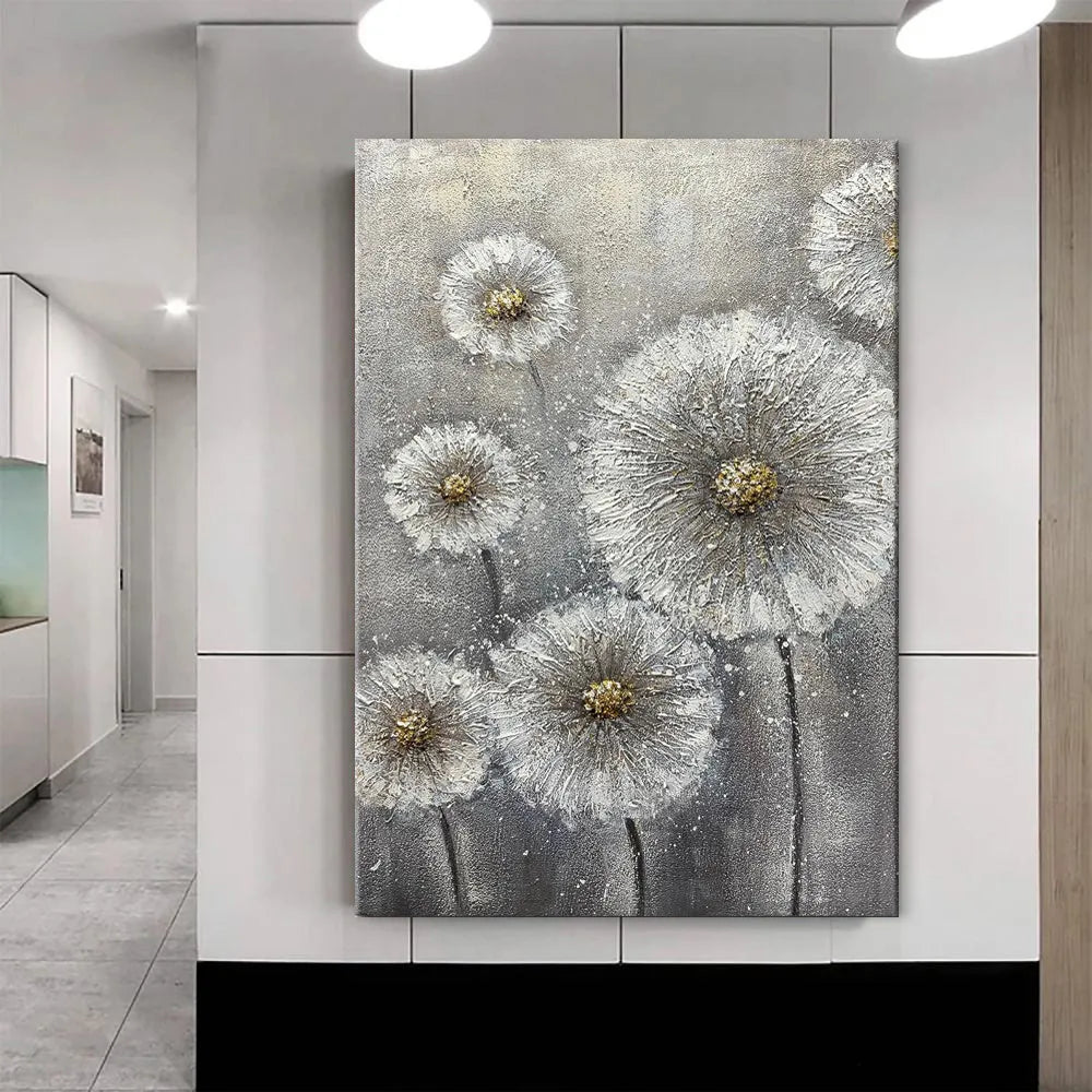 Hand-painted white flower plant oil painting on grey canvas, vertical unframed wall art for home decor
