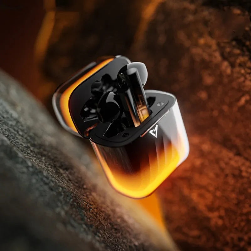 Active noise cancellation sport gaming Bluetooth headset with charging compartment, Bluetooth 5.4, IP54, in Black Orange or Blue White.