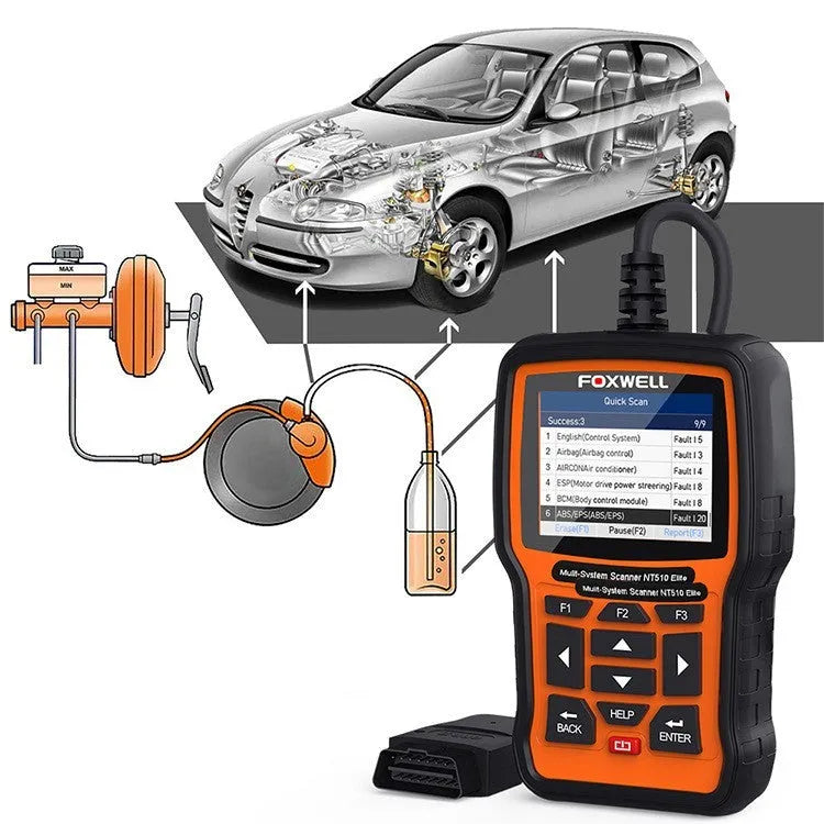 Orange and black Foxwell NT510 automotive diagnostic scanner with TFT screen and data cable for OBD2 vehicle fault detection.