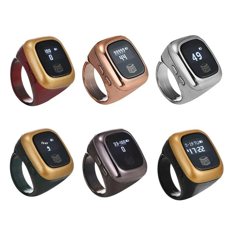 Al-Fatiha electronic dhikr counter with digital display in rose gold, black, and green colour options.