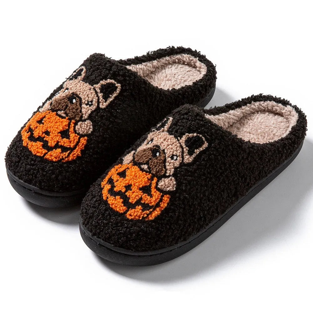 Black and white Halloween pumpkin slippers with plush cotton upper and non-slip rubber soles
