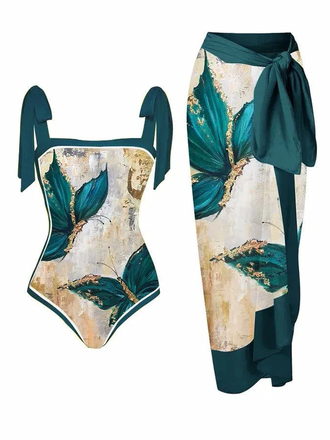 Women's printed floral two-piece swimsuit with a light chiffon hip skirt.
