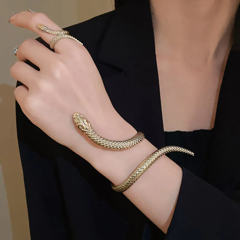 Gold and silver snake ring bracelet set with exaggerated twisted winding design