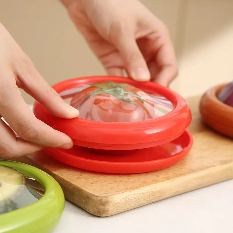 Oval plastic crisper with transparent film lid for vegetable and fruit storage, available in Yellow, Red, Green, Brown or four piece set