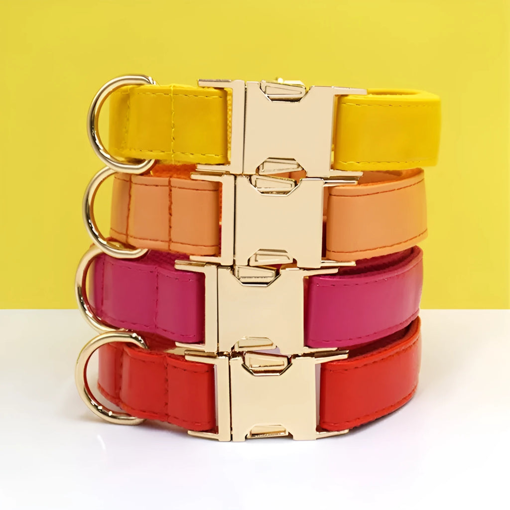 Simple colour blocking leather dog collar shown in a caramel colour, with labelled size options XS, S, M, L, XL.