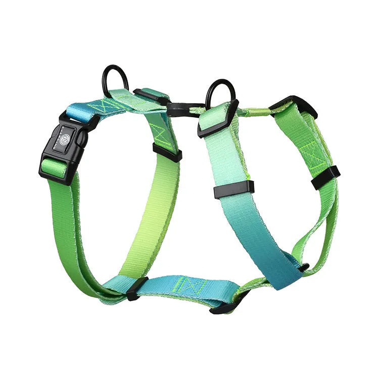 Gradient colour polyester dog harness in sizes S, M, L.