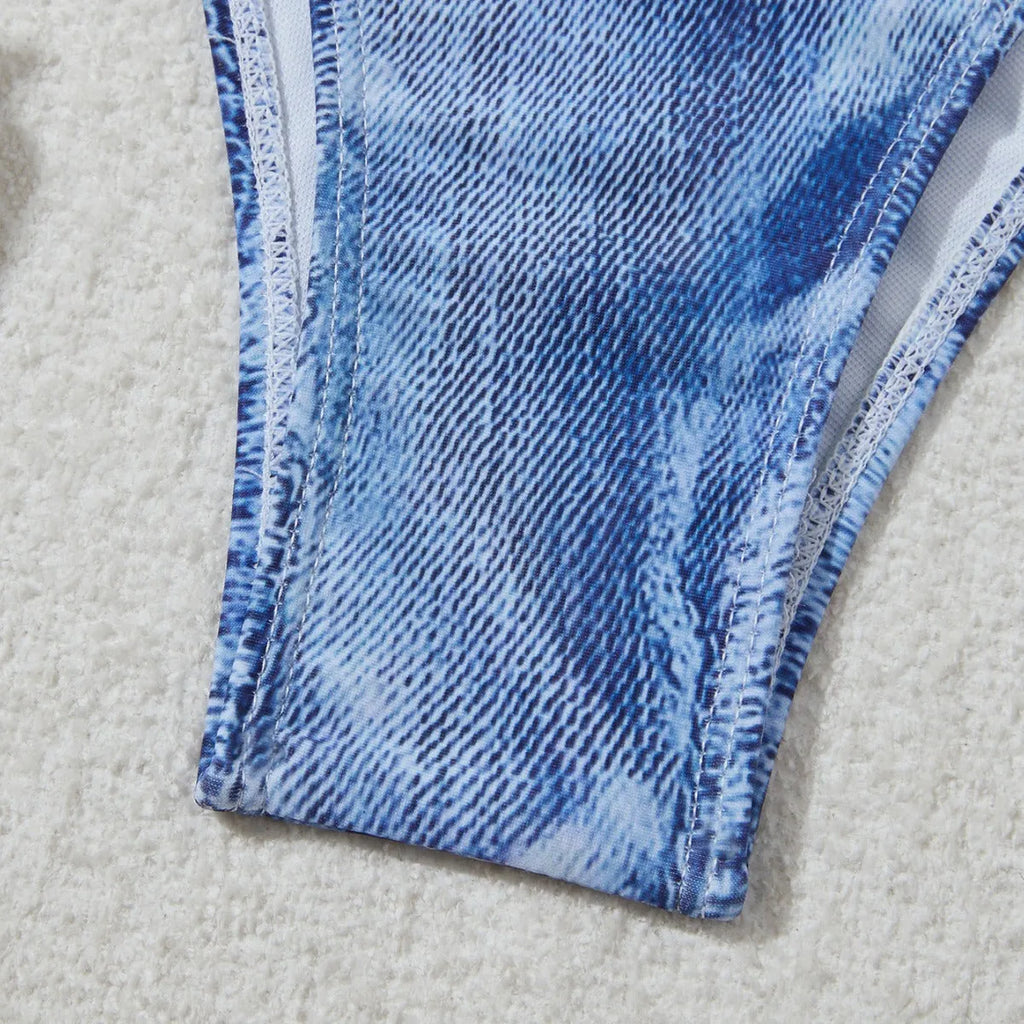 Women's denim blue printed strap bikini set on white background