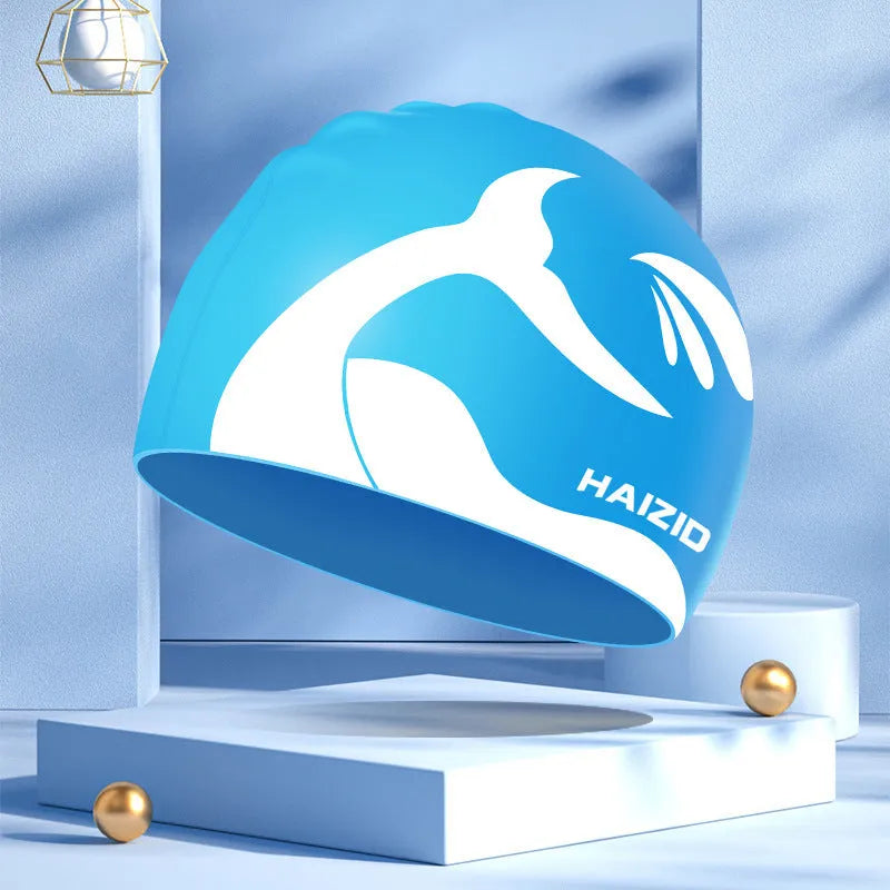 Silicone swim cap with whale tail pattern and waterproof ear protectors in four colour options