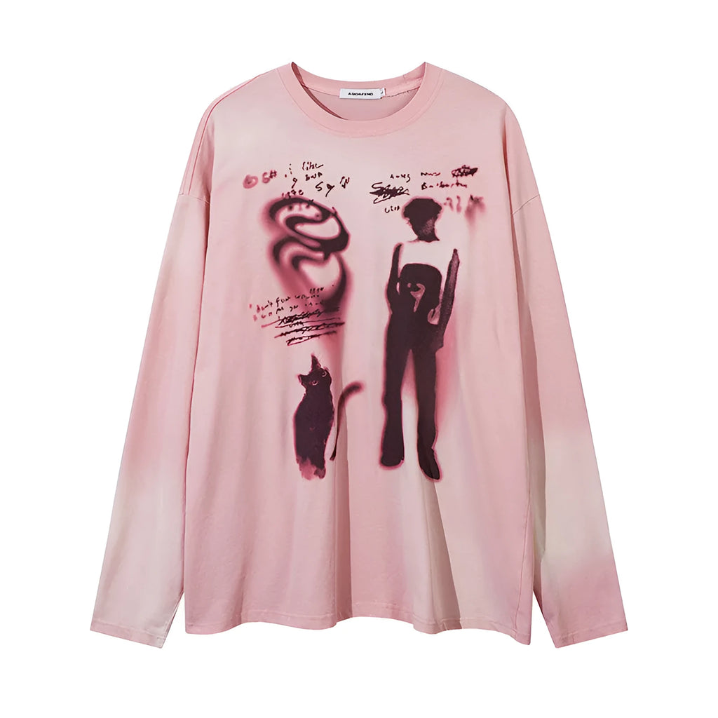 Women's long sleeve cotton pullover top with loose fit and drop-shoulder sleeves in dark grey or pink