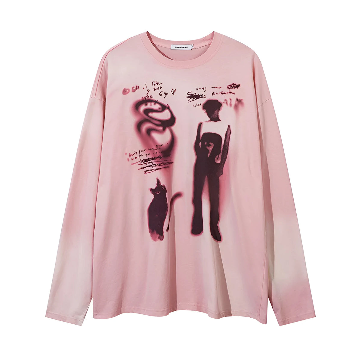 Women's long sleeve cotton pullover top with loose fit and drop-shoulder sleeves in dark grey or pink