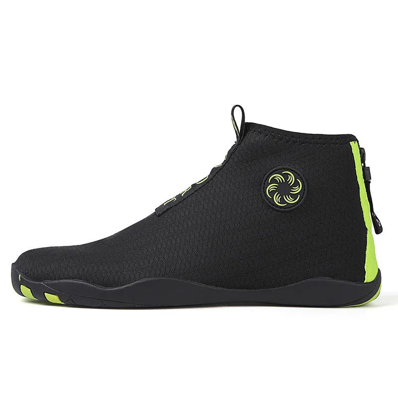 Casual mid-top outdoor beach shoes in black with coloured accents, showing mesh upper and rubber sole.
