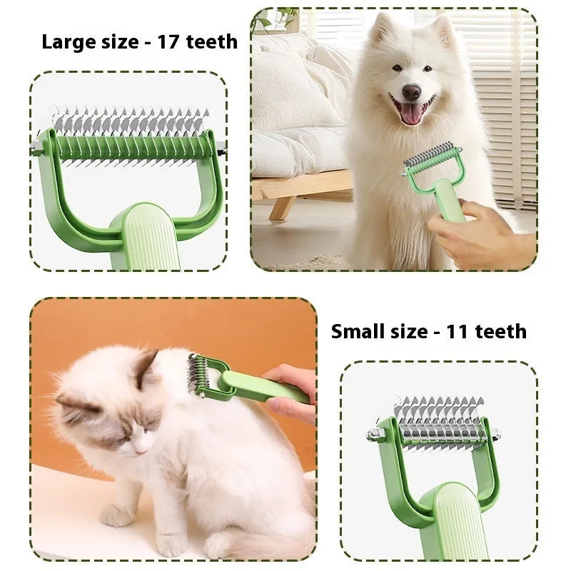 Green pet grooming comb with stainless steel teeth for dog detangling