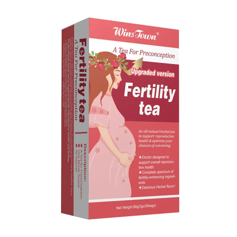 Box of fertility tea containing 30 individual herbal tea bags for daily reproductive health supplementation