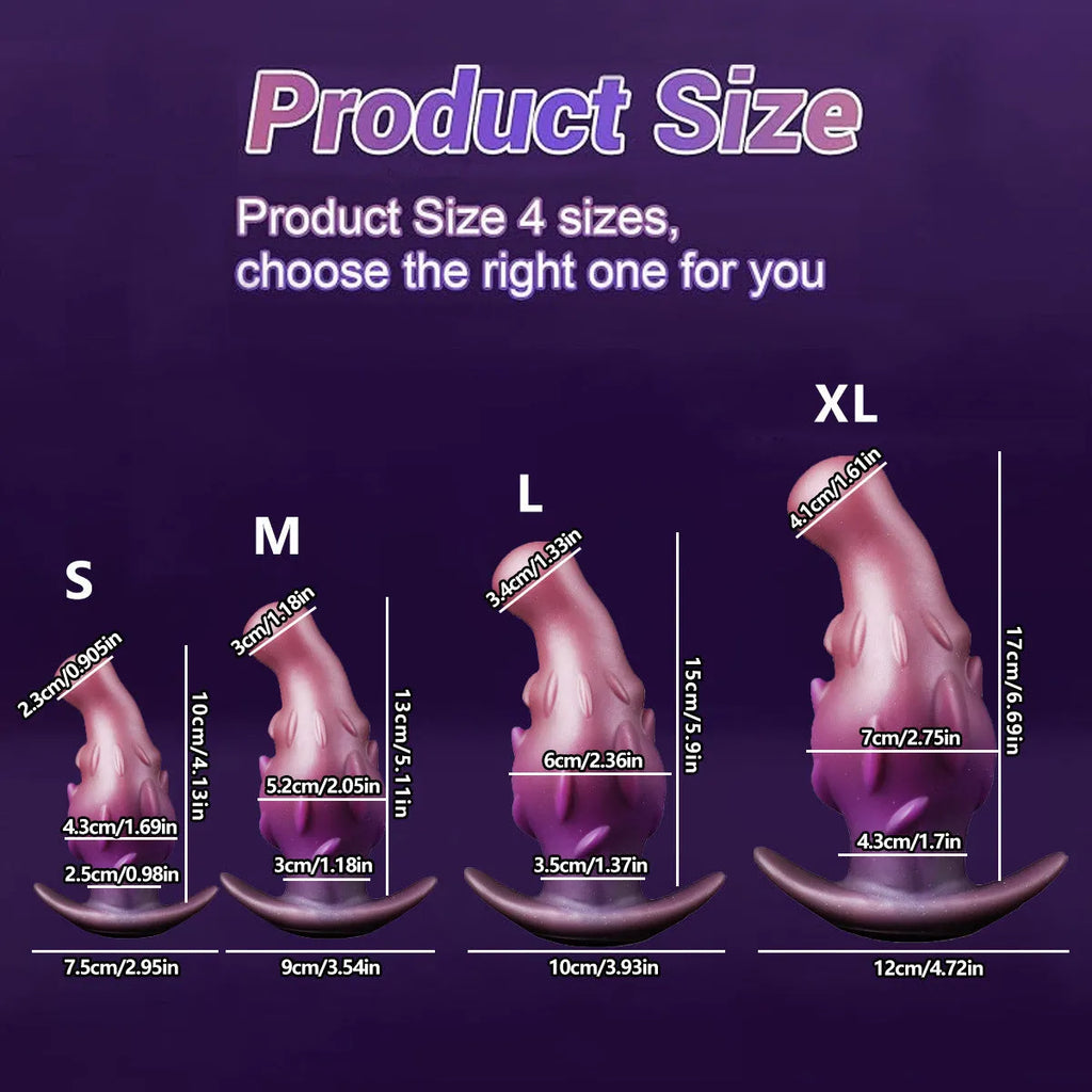Silicone adult masturbator in purple, gold, or black colours available in S, M, L, XL sizes