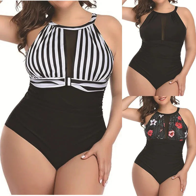 Women's one-piece swimsuit with lace body detail in solid black red flower or stripe pattern polyester fabric sizes L to 4XL