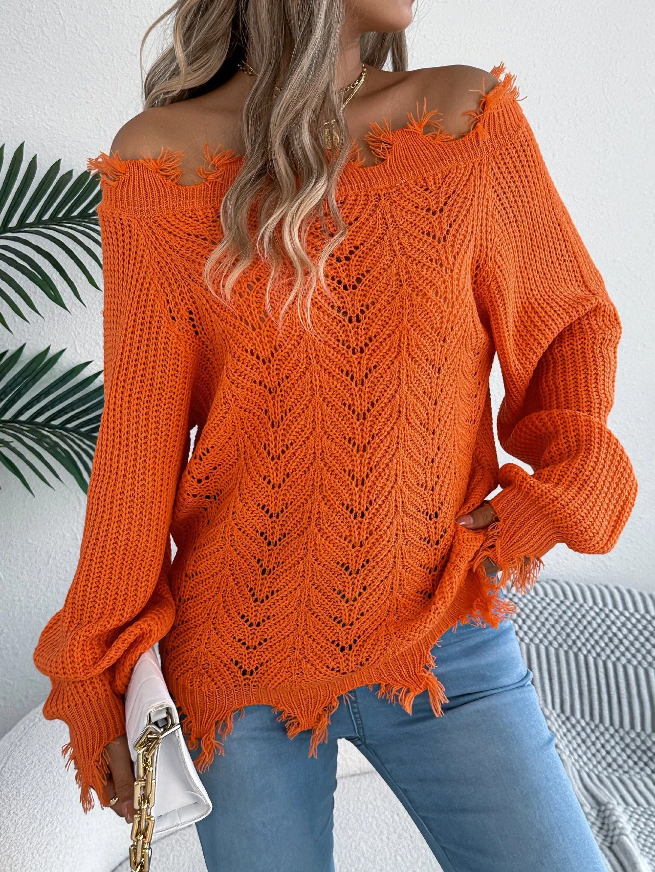 Women's hollow-out design off-the-shoulder pullover sweater in artificial wool fabric