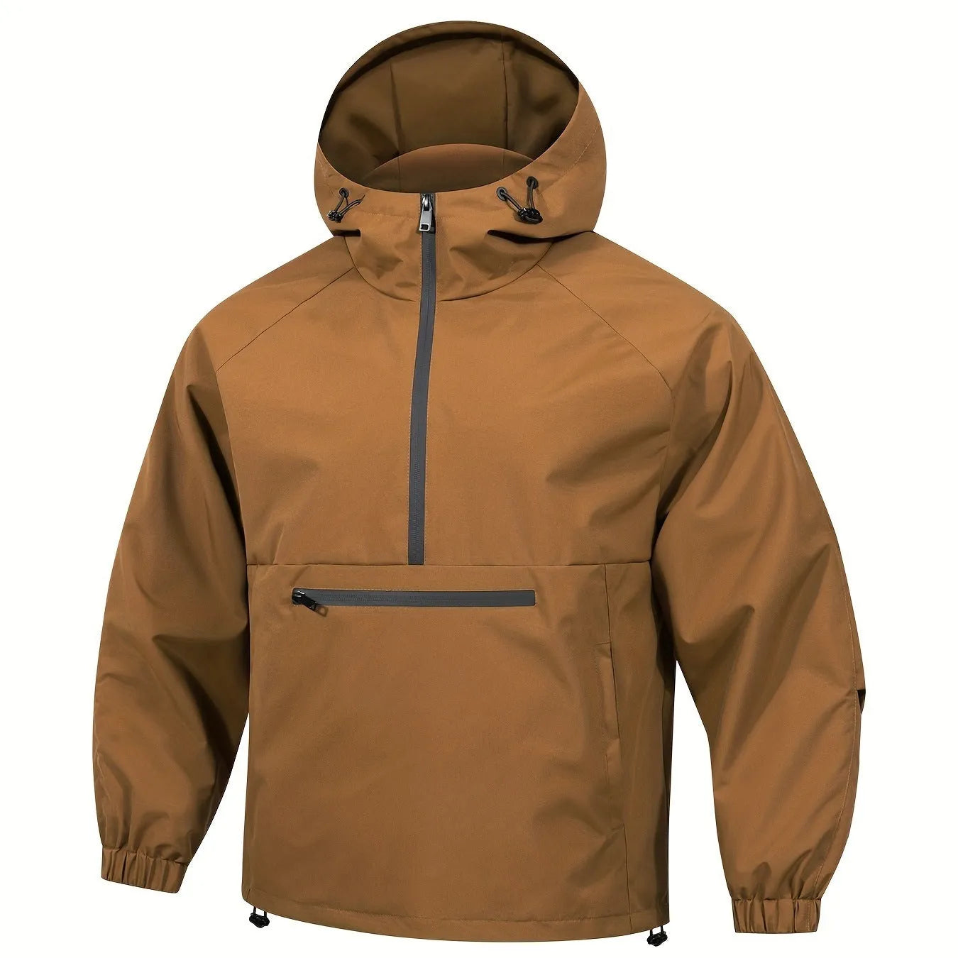 Men's light gray corduroy half-zip hooded sweater jacket showing Korean-style loose fit and rabbit fur composition