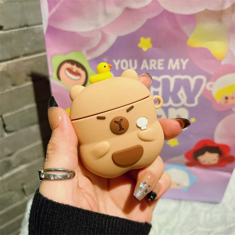 Silicone AirPods cover with overhead duck capybara design in soft shell cartoon style