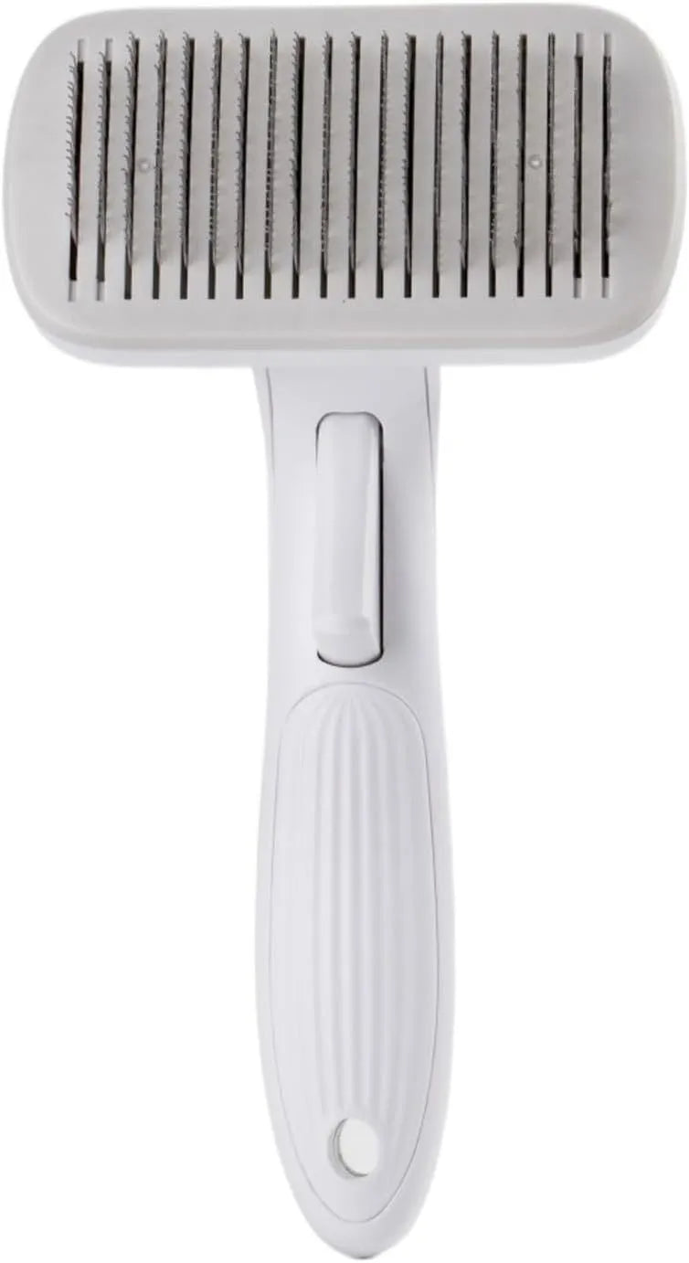 Automatic pet hair removal comb in blue, showing handheld design with comb head.