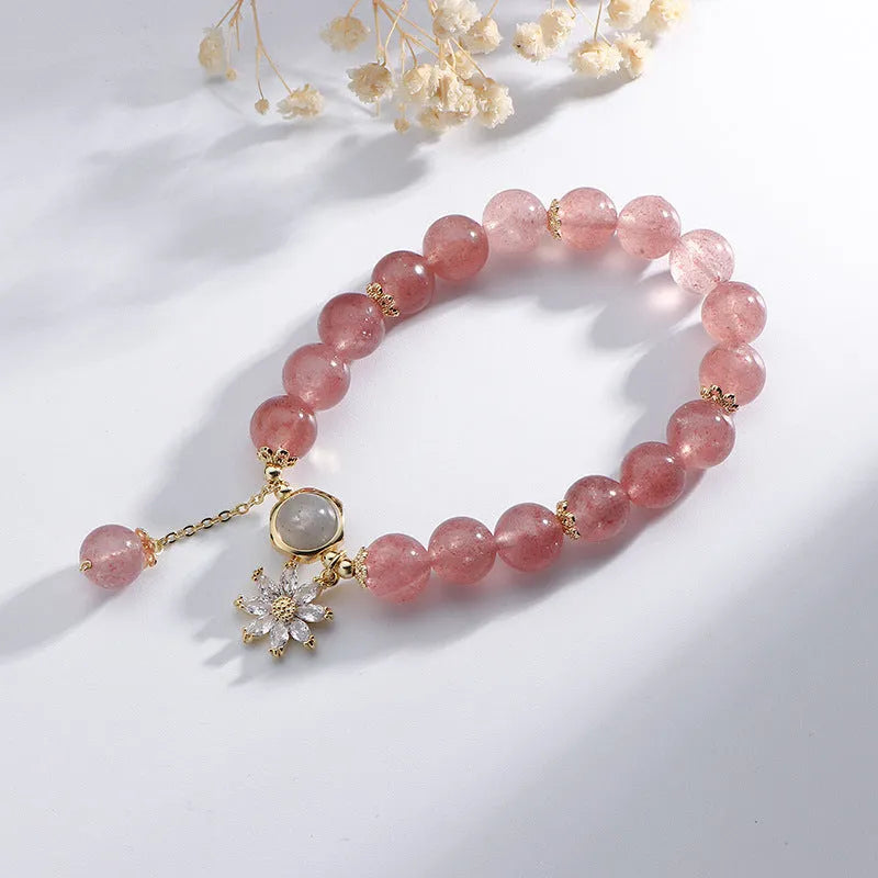 Strawberry quartz crystal bracelet with floral design in Mori and Korean style
