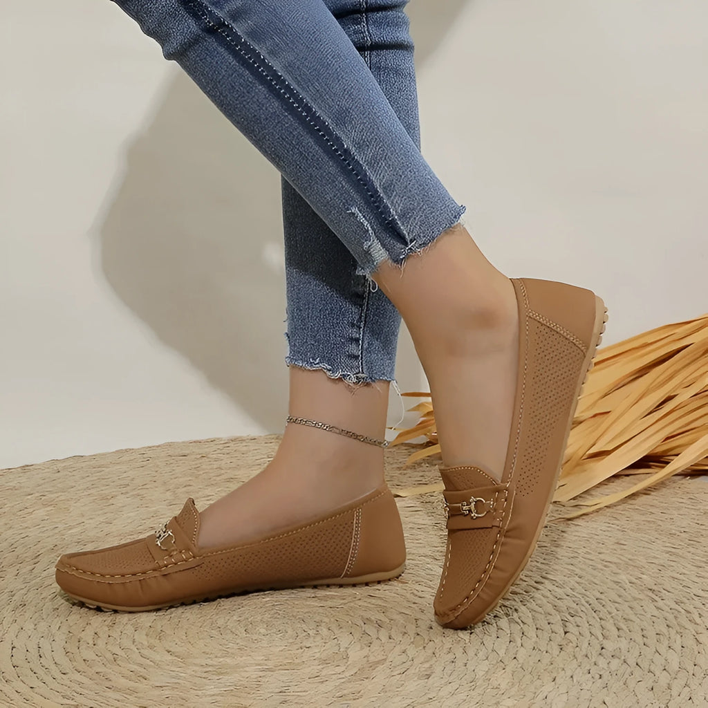 Women's flat casual shoes in artificial PU, shown in black, white, and khaki colours.