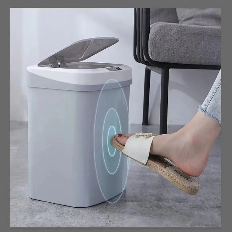 Plastic induction trash can with lid in black or white for living room, kitchen, or toilet
