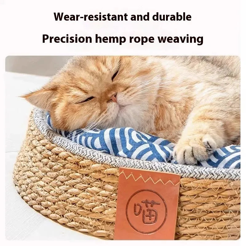 Natural rattan woven cat nest bed available in four different sizes for feline comfort