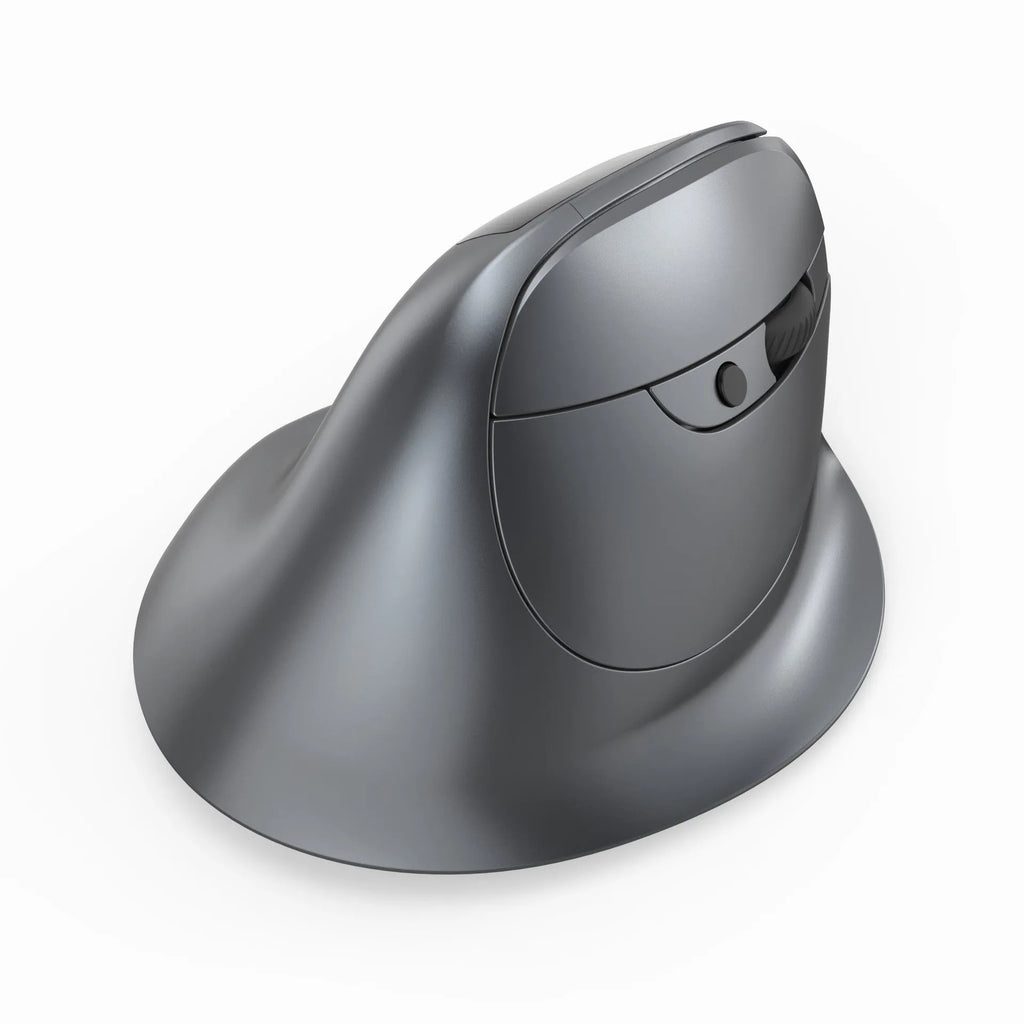 Grey vertical ergonomic mouse with wireless charging and Bluetooth connectivity for laptops