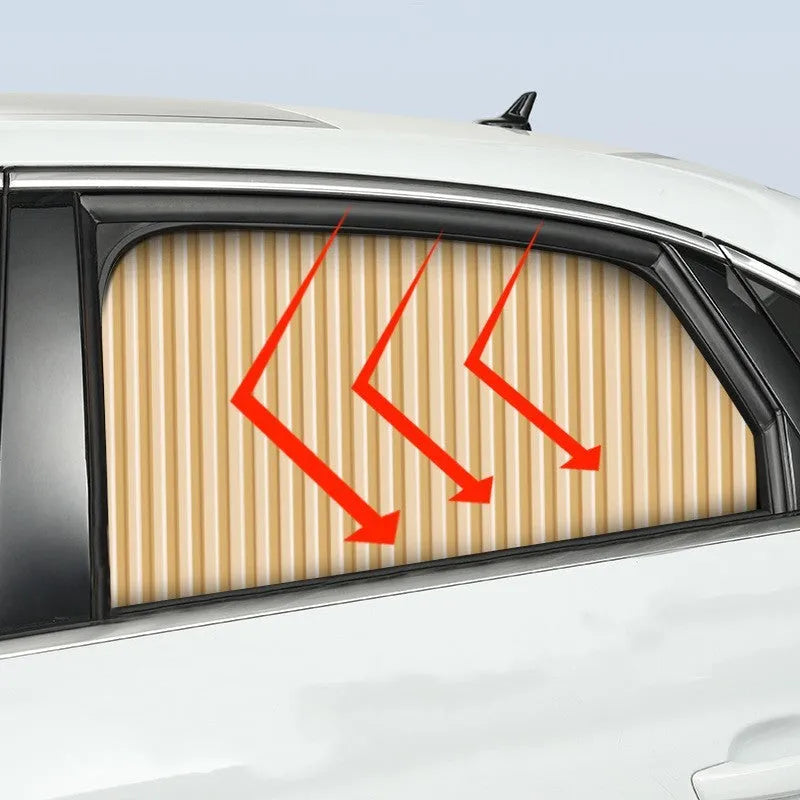 Retractable car sun curtain extended across windscreen with roller shutter mechanism visible.