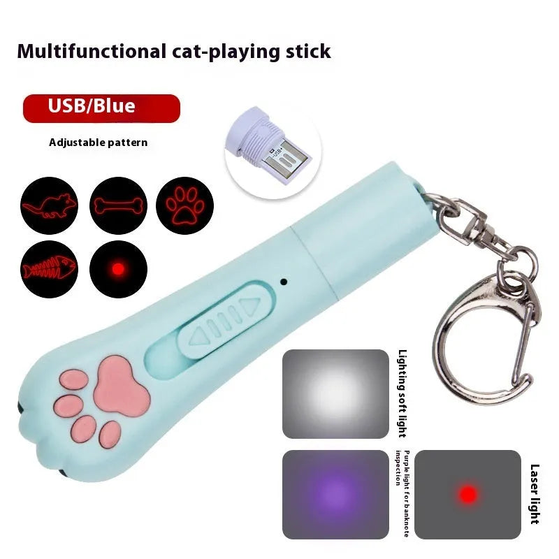 Rechargeable cat teasing stick with laser patterns and moon-light lamp in choice of colours