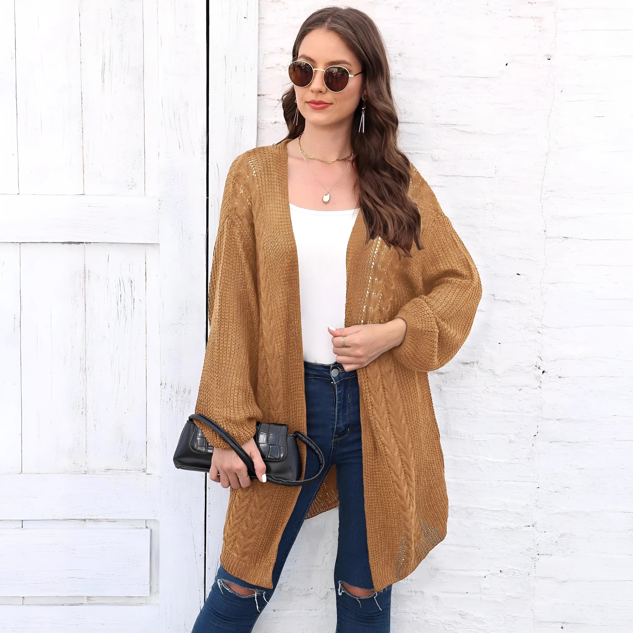 Women's loose acrylic sweater coat cardigan in solid colour options including army green, black, brown, light grey, and rose red