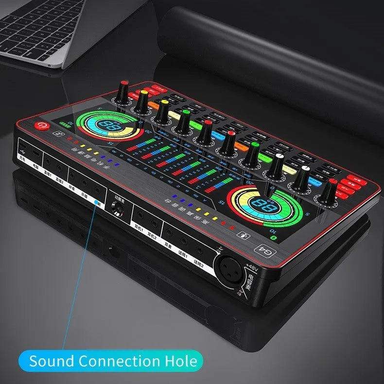 G4 professional sound card mixer with LCD display, 10 tuning knobs, and Q8 condenser microphone for live streaming setup.