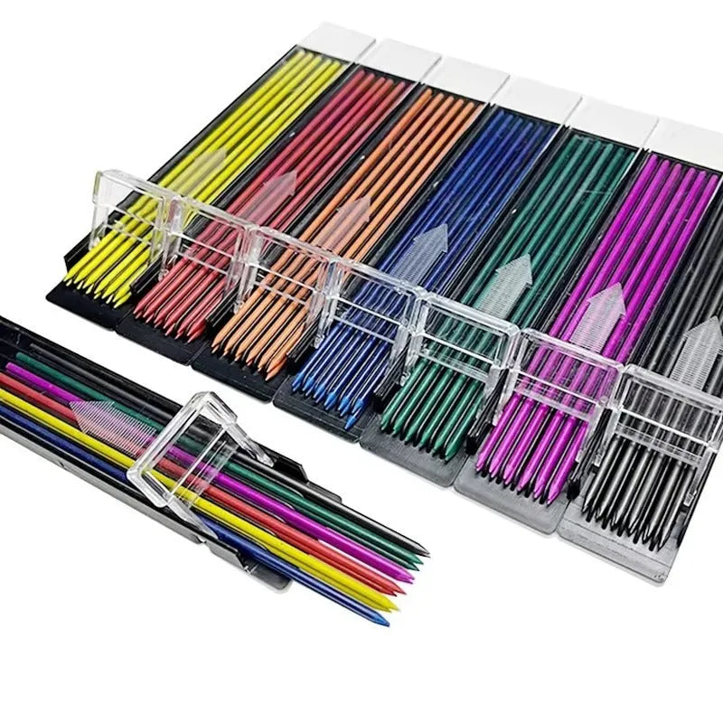 Boxed set of 12 erasable mechanical pencil lead refills in rainbow colours for drawing