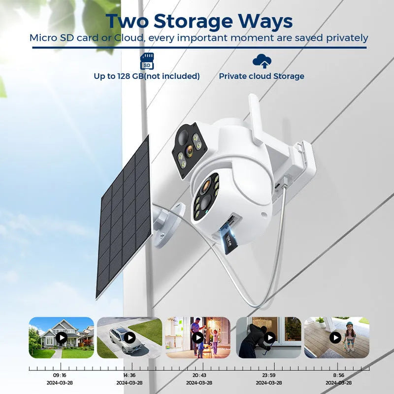 Outdoor solar-powered wireless WiFi security camera with solar panel in black or white casing