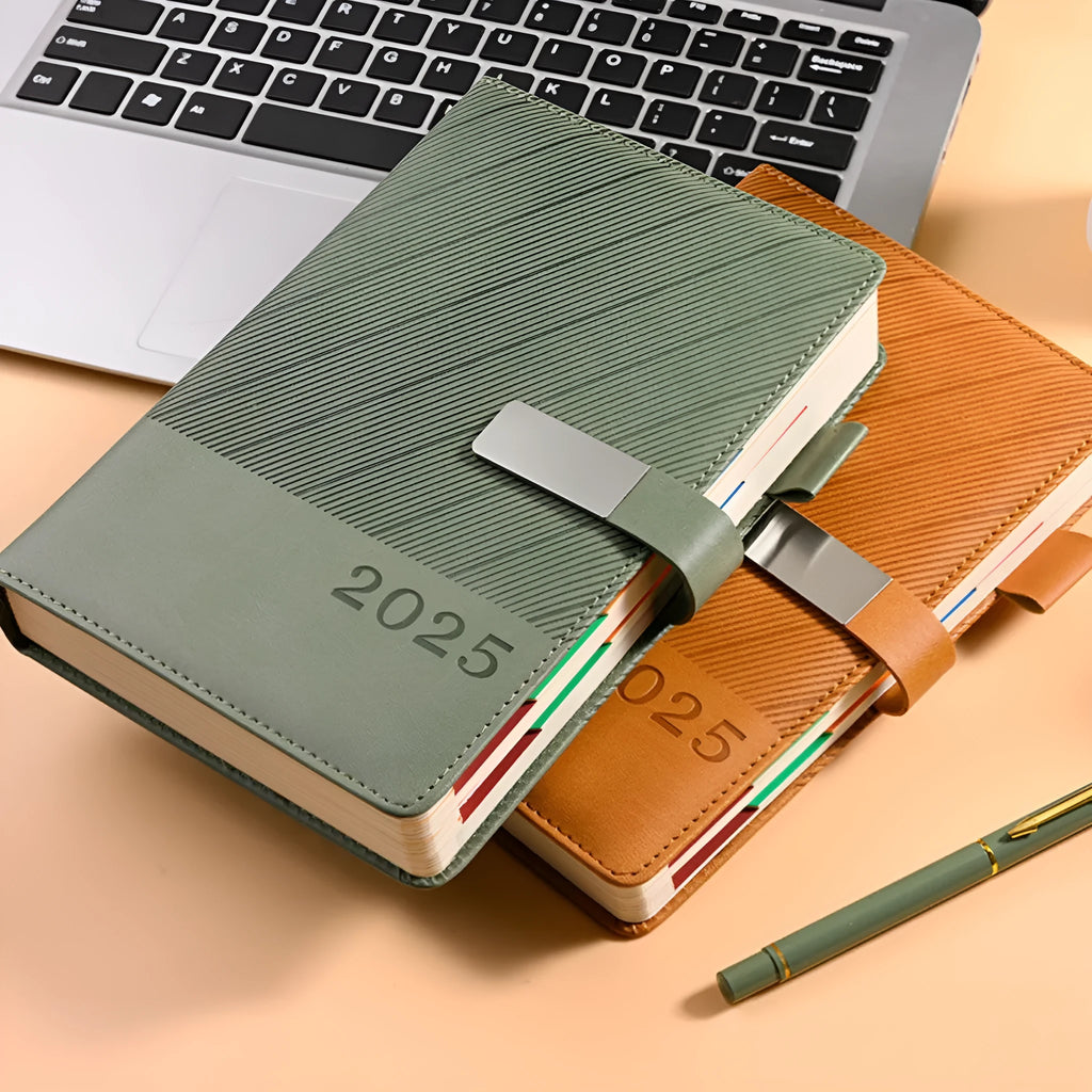 Striped PU leather notepad in bean green with 204 sheets of wood-free paper