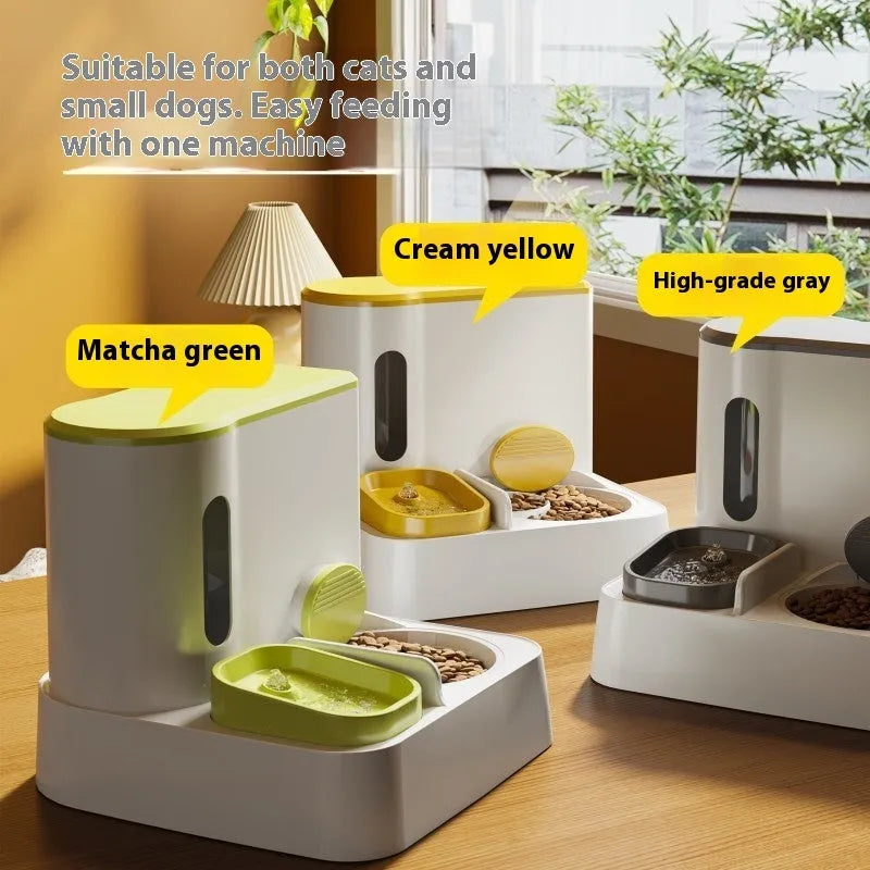 Automatic cat feeder and water dispenser with integrated double bowl in grey, green or yellow colours