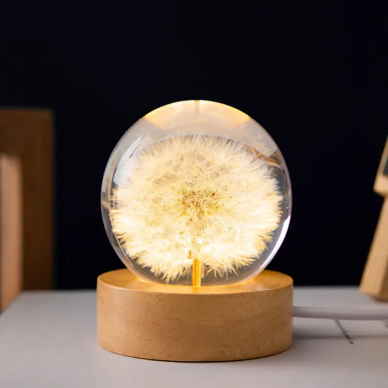 3D dandelion inside crystal ball night light on beech wood stand, USB cable attached