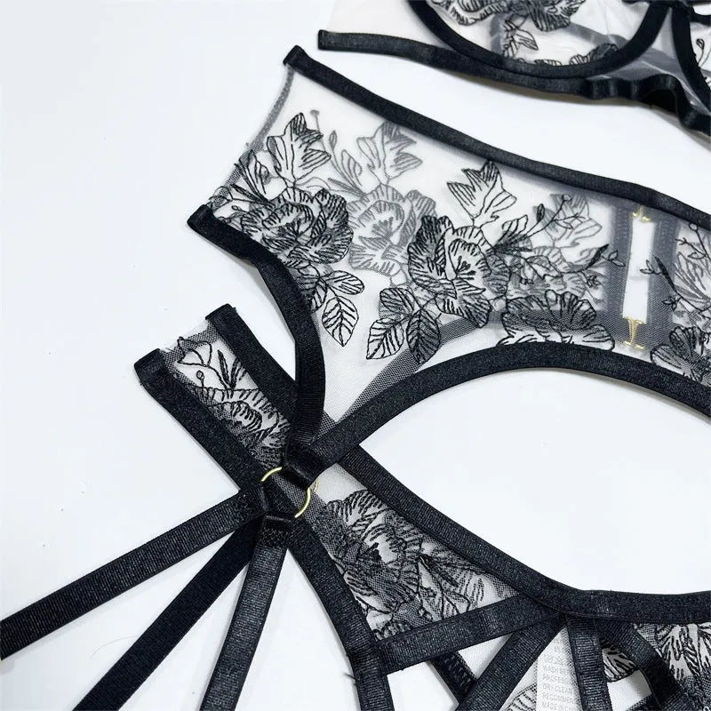 Black lace mesh three-piece set with floral print including top, pants, and waist ring