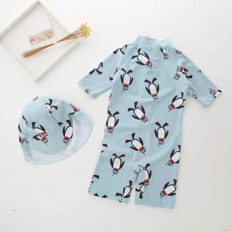 Boy's penguin print long sleeve swimsuit set with swimming cap for sun protection