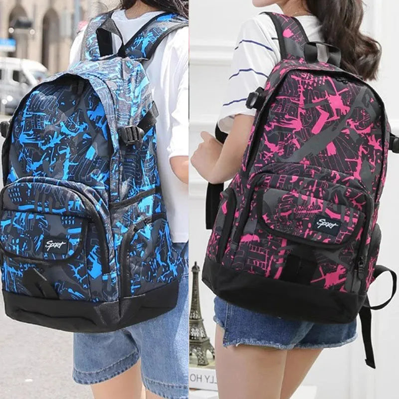 Blue and red versions of a classic nylon backpack with large main compartment and organisational pockets.