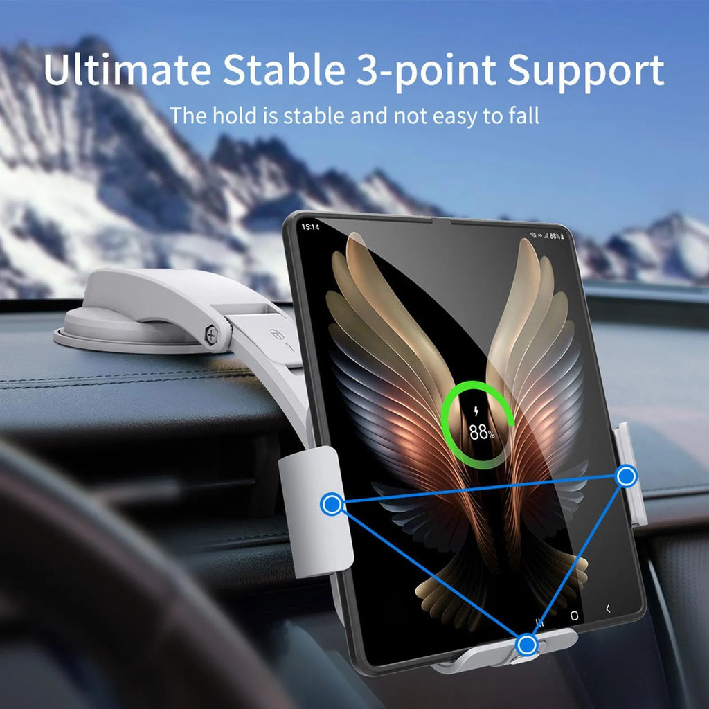 Grey wireless charging car phone holder with folding screen and air conditioner clip mount