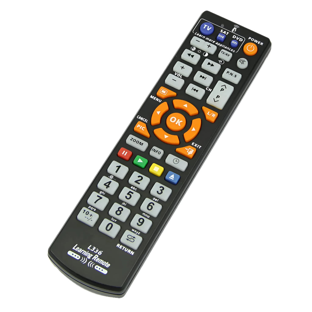 Black L336 learning remote control with full button layout for audio equipment programming