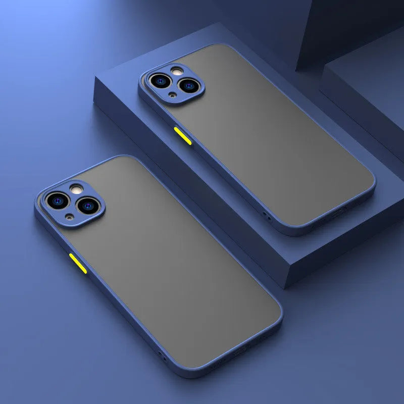 Black frosted hard iPhone case with full camera lens cover and fine hole skin-sensing design on a table.