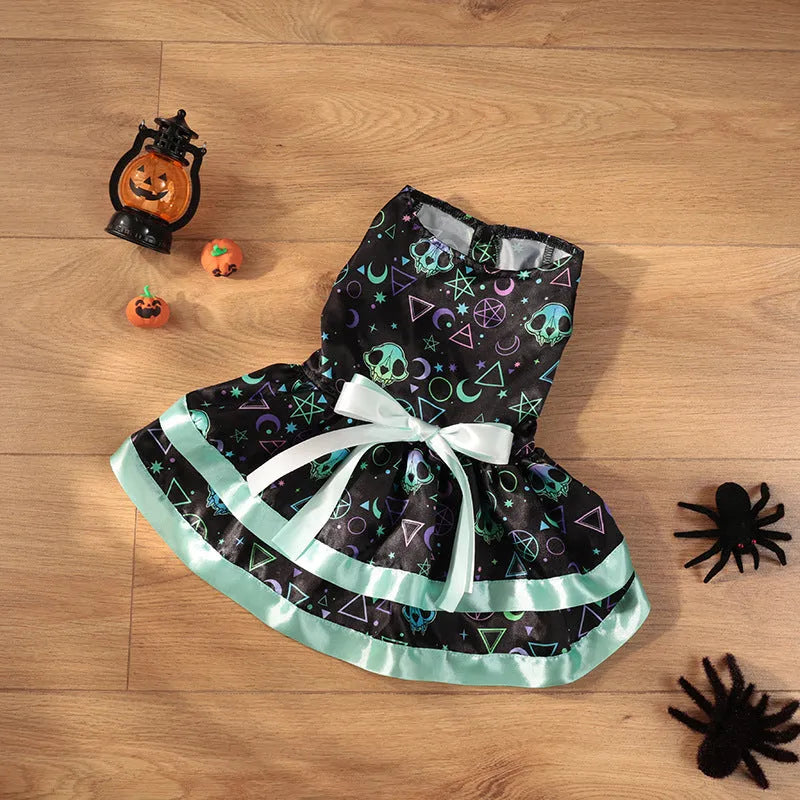 Colourful double-layer Halloween skirt for a dog, showing pumpkin and skull pattern options.