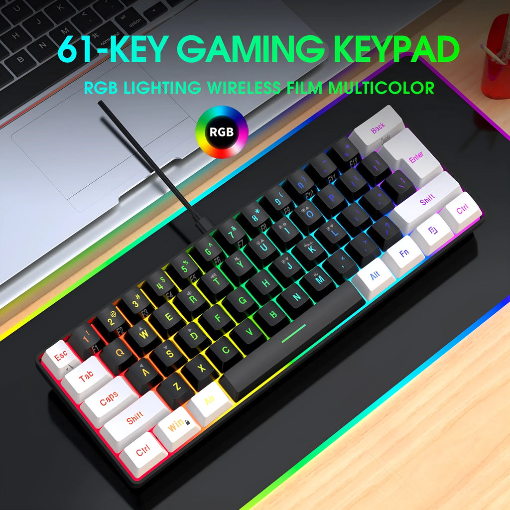 White and black 61 key wired membrane keyboard with compact design on desk